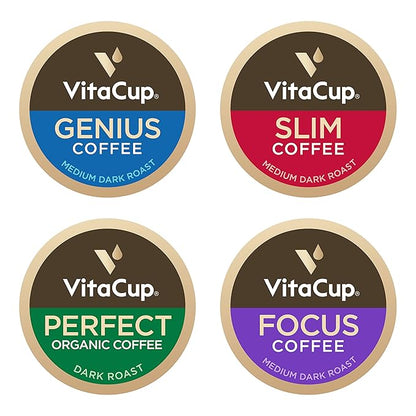 VitaCup Coffee Pods 40ct, Slim w/Garcinia for Diet Support 10ct, Genius Keto w/MCT Oil for Energy & Focus 10ct, Low Acid USDA Organic Perfect 10ct, & Focus w/Mushrooms for Memory & Clarity 10ct