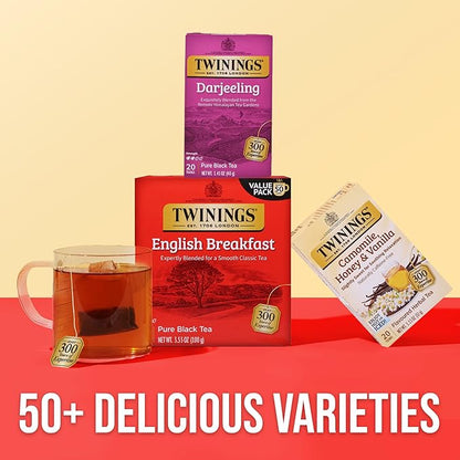 Twinings Darjeeling Black Tea Individually Wrapped Bags, 20 Count (Pack of 6), Delicate Light Taste, Caffeinated, Enjoy Hot or Iced, 120 Teabags