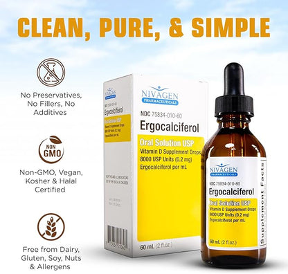Vitamin D2 Liquid Drops 8,000 USP (Ergocalciferol) | 400 IU per Serving | 2 Drops Once Daily | 1,200 Servings, 60ml (2 fl. oz) | Faster Absorption | Bone, Muscle & Immune Support | Made in USA