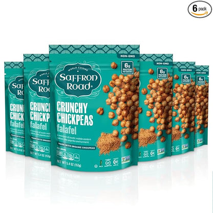Saffron Road Roasted and Crunchy Falafel Chickpeas | High Protein Snacks | Gluten-free, Vegan, Non-GMO, and Certified Halal and Kosher | 5.4oz Pouch | Pack of 6