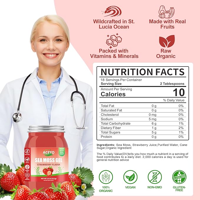 ACEYO (18 OZ) Irish Sea Moss Gel Raw Vegan Strawberry Flavor 102 Vitamins and Minerals Wild Harvested Non-GMO Immune Defense Booster Thyroid Digestive Support