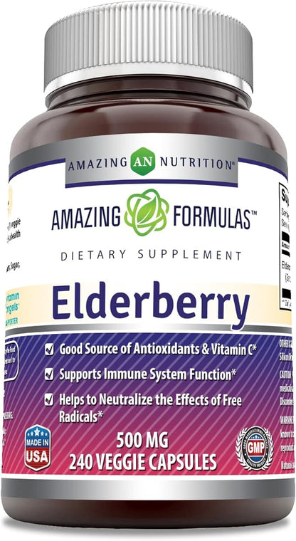 Amazing Formulas Elderberry (10:1 Concentrate) Supplement | 500 Mg per Serving | 240 Capsules | Non-GMO | Gluten-Free | Made in USA