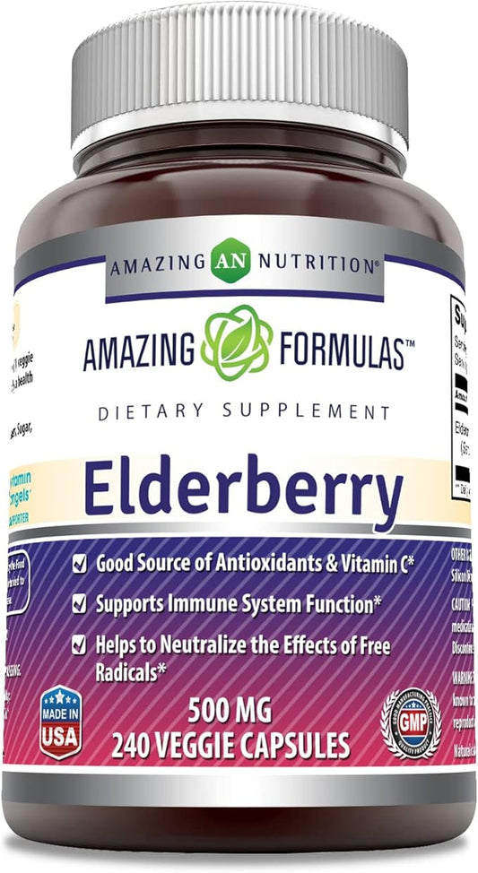 Amazing Formulas Elderberry (10:1 Concentrate) Supplement | 500 Mg per Serving | 240 Capsules | Non-GMO | Gluten-Free | Made in USA
