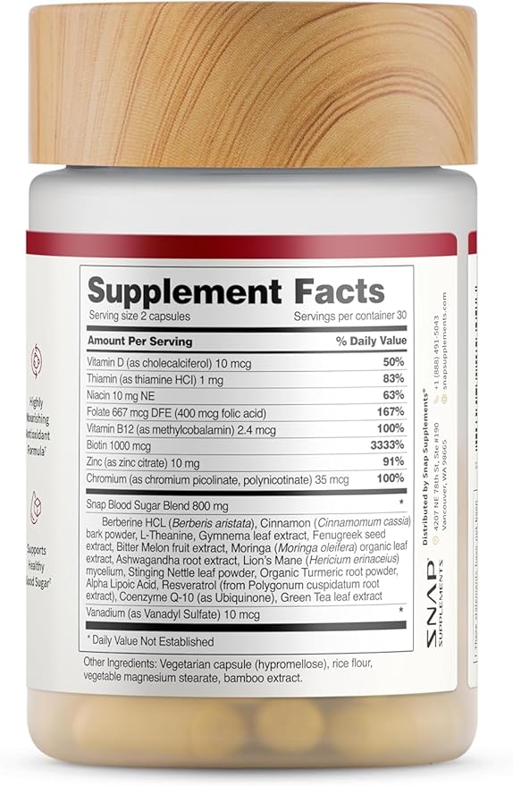 Snap Supplements Blood Sugar Blend with Berberine, CoQ10, Cinnamon, Alpha Lipoic Acid and Gymnema to Support Healthy Blood Sugar, Metabolic Health and Energy, Sugar Free, 60 Capsules