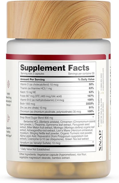 Snap Supplements Blood Sugar Blend with Berberine, CoQ10, Cinnamon, Alpha Lipoic Acid and Gymnema to Support Healthy Blood Sugar, Metabolic Health and Energy, Sugar Free, 60 Capsules