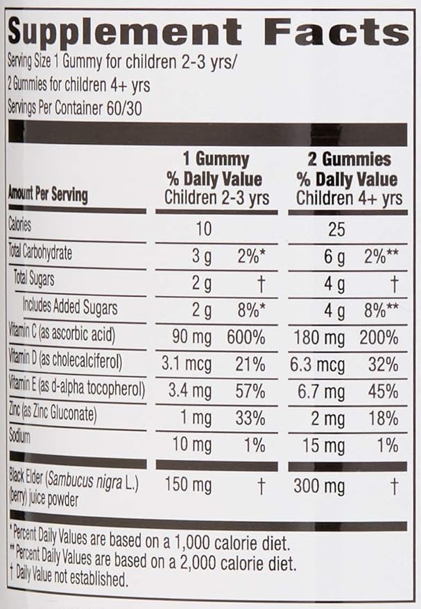 Amazon Brand - Mama Bear, Vegetarian Kids Black Elderberry Gummies 300 mg with Vitamins C, D, E and Zinc - Immune System Support - 60 Gummies (1 to 2 Month Supply), Non-GMO, Gluten Free