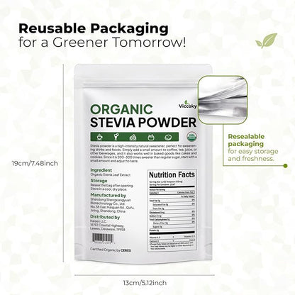 Viccoky Organic Stevia Powder 3oz (86g), Pure Stevia Extract Powder, Sugar-Free & 0 Calories, No Additives, Sugar Substitute, Natural Sweetener