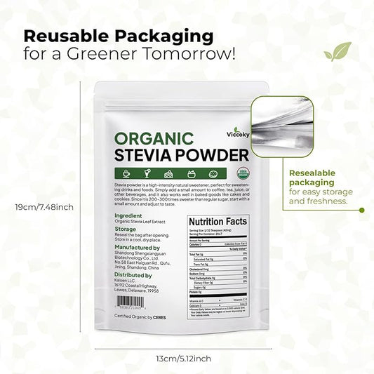 Viccoky Organic Stevia Powder 3oz (86g), Pure Stevia Extract Powder, Sugar-Free & 0 Calories, No Additives, Sugar Substitute, Natural Sweetener