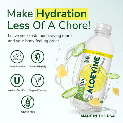 Aloe Vera Juice, No-Pulp Organic Aloe Vera Drink, Healthy Juice with Aloe Powder and Lemon Juice, 5 Calories, Low Sugar, No Artificial Ingredients, 16.9 oz, 12 Pack, Lemonade - Aloevine Organics