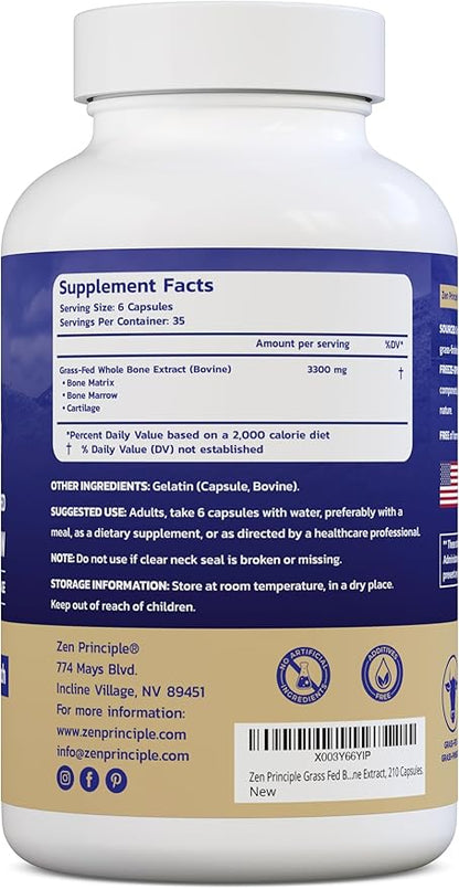 Zen Principle Grass Fed Beef Bone Marrow Supplement, 3300mg. Skin, Oral Health, and Joint Support. Promotes Whole-Body Wellness. Whole Bone Extract, 2-Pack, 420 Capsules (210 Capsules Per Bottle).