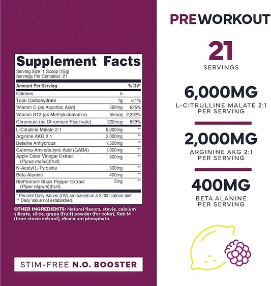 Type Zero Ultra Clean Stim Free Pump Pre Workout (Blackberry Lemonade) Beetroot, Arginine, Citrulline Malate, Betaine, Beta A, ACV+ Sugar/Caffeine Free Non Stim Preworkout Men & Women