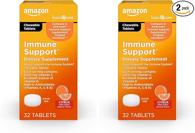 Amazon Basic Care Immune Support Citrus Chew Tablets, 32 Count (Pack of 2)