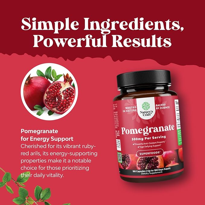 Advanced Antioxidant Superfood Pomegranate Supplement - Natural Pomegranate Extract Polyphenols Supplement for Heart Health and Joint Support - Reds Superfood Powder Capsules for Men and Women 180ct