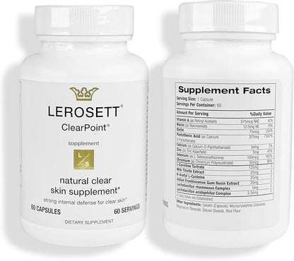 LEROSETT ClearPoint Anti Acne Pills, Natural Supplements for Hormonal & Cystic Acne Treatment for Oily Skin & Breakouts. 60 Caps