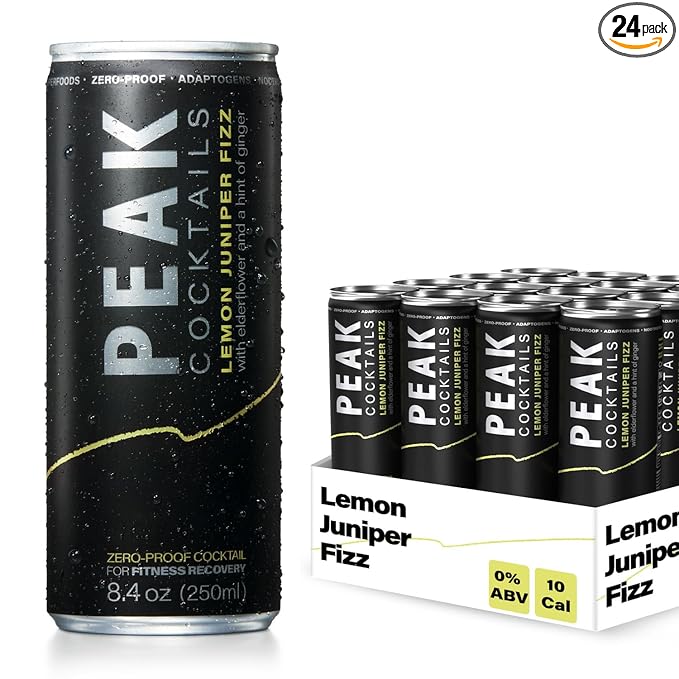 Peak Cocktails Non-Alcoholic Cocktail | Adaptogens, Nootropics, Superfoods for Recovery, Calm, Sleep | Ashwagandha, Tart Cherry, L-Theanine | Mixologist-crafted | Lemon Juniper Fizz | 8.4 oz, 24-Pack