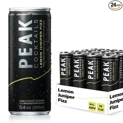 Peak Cocktails Non-Alcoholic Cocktail | Adaptogens, Nootropics, Superfoods for Recovery, Calm, Sleep | Ashwagandha, Tart Cherry, L-Theanine | Mixologist-crafted | Lemon Juniper Fizz | 8.4 oz, 24-Pack