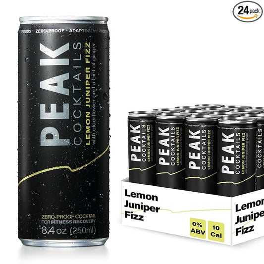 Peak Cocktails Non-Alcoholic Cocktail | Adaptogens, Nootropics, Superfoods for Recovery, Calm, Sleep | Ashwagandha, Tart Cherry, L-Theanine | Mixologist-crafted | Lemon Juniper Fizz | 8.4 oz, 24-Pack