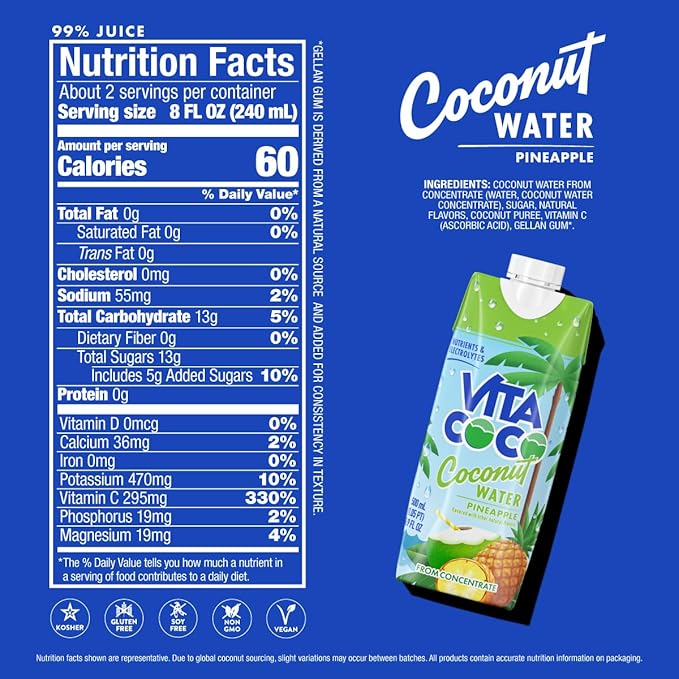 Vita Coco Coconut Water Naturally Hydrating Electrolyte Drink Smart Alternative to Coffee Soda and Sports Drinks Gluten Free, Pineapple, 16.9 Fl Oz (Pack of 12), 202.8 Fl Oz