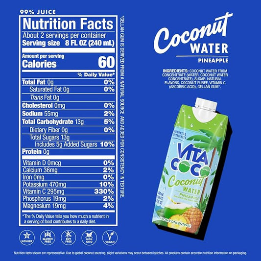 Vita Coco Coconut Water Naturally Hydrating Electrolyte Drink Smart Alternative to Coffee Soda and Sports Drinks Gluten Free, Pineapple, 16.9 Fl Oz (Pack of 12), 202.8 Fl Oz