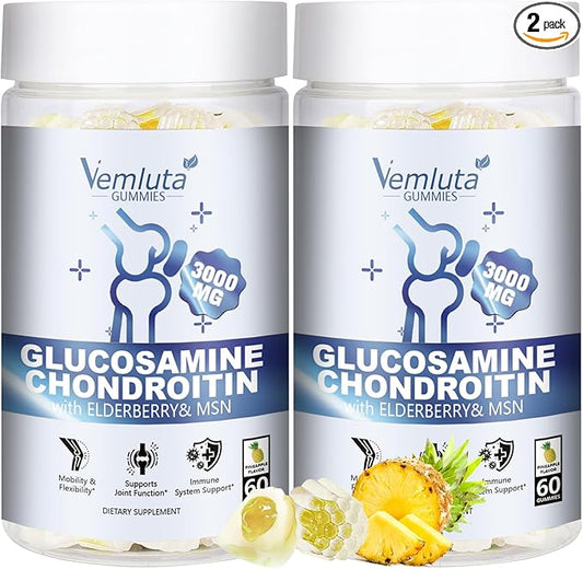 2 Packs Glucosamine Chondroitin Gummies - 3000MG Extra Strength Joint Support Supplement with MSM, Flexibility, Antioxidant Immune Support Gummy for Adults, Men & Women - 120 Cts