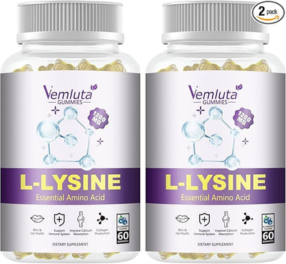 2 Packs 1200 MG L-Lysine Gummies for Immune Support & Collagen Boost - Chewable Lysine Supplement for Adults, Lip ＆ Cold Sore* Support for Women,Blueberry, Non-GMO, Gluten Free,120 Counts