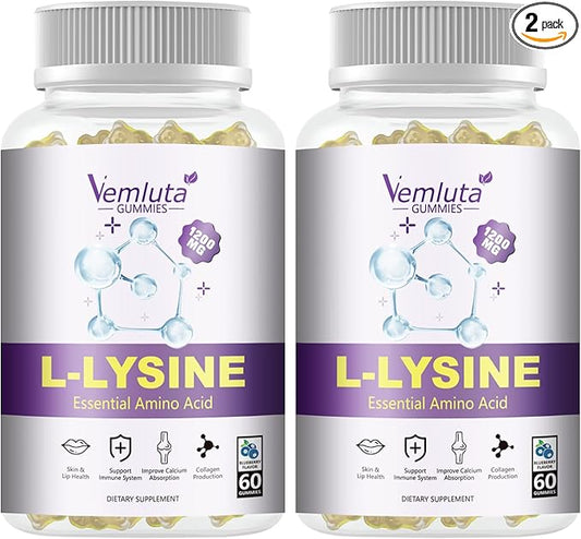 2 Packs 1200 MG L-Lysine Gummies for Immune Support & Collagen Boost - Chewable Lysine Supplement for Adults, Lip ＆ Cold Sore* Support for Women,Blueberry, Non-GMO, Gluten Free,120 Counts