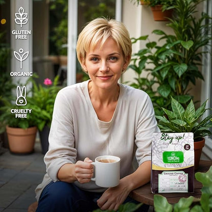 Tonomi Stay Up! Dark Roast Ground Coffee - All Natural Blend with Hint of Vanilla, Chocolate & Caramel - Coarse Grounds for Cold Brew or Traditional Brewing - Caffeine Packed, 12oz