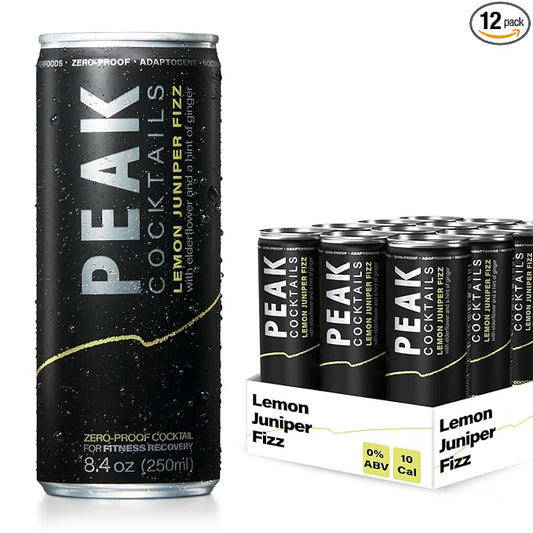 Peak Cocktails Non-Alcoholic Cocktail | Adaptogens, Nootropics, Superfoods for Recovery, Calm, Sleep | Ashwagandha, Tart Cherry, L-Theanine | Mixologist-crafted | Lemon Juniper Fizz | 8.4 oz, 12-Pack