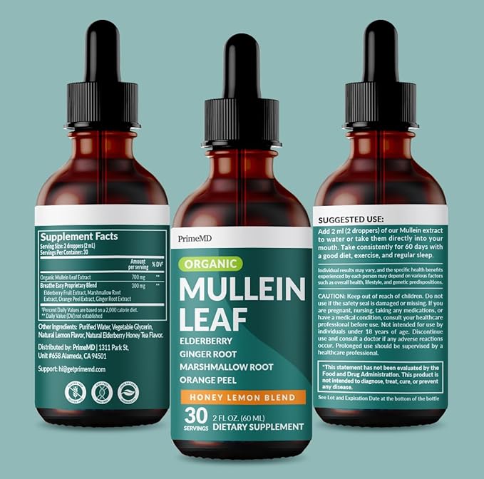 5-in-1 Mullein Drops for Bronchial and Respiratory Support with Mullen Leaf Extract Lung Supplement - Mullein Tincture with Elderberry and Ginger Root, Honey Lemon Flavor (60 Servings, Pack of 2)
