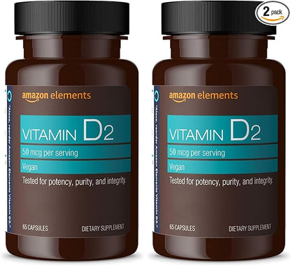 Amazon Elements Vitamin D2 2000 IU, Vegan, 65 Capsules, Supports Strong Bones and Immune Health, 2 Month Supply (Packaging May Vary) (Pack of 2)