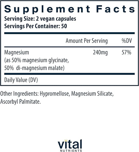 Vital Nutrients Magnesium Glycinate + Malate | 120mg Vegan Magnesium Supplement for Women and Men | Muscle, Heart, Bone Support* | Promotes Relaxation | Gluten, Dairy and Soy Free | 100 Capsules