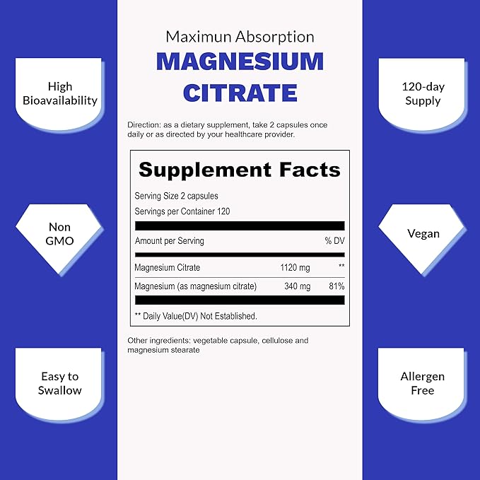 UpNourish Pure Magnesium Citrate (Citrato de Magnesio) 1120mg, 240 Capsules - High Absorption Magnesium Supplement for Women & Men - Natural Calm Magnesium for Constipation, Relax, Cramp Defense