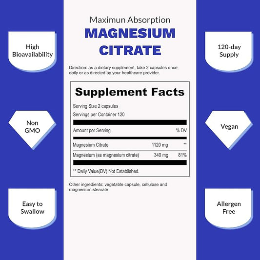 UpNourish Pure Magnesium Citrate (Citrato de Magnesio) 1120mg, 240 Capsules - High Absorption Magnesium Supplement for Women & Men - Natural Calm Magnesium for Constipation, Relax, Cramp Defense