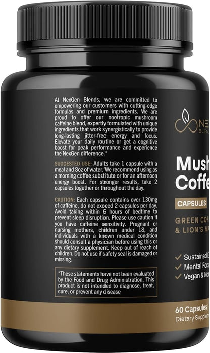 100% Organic Mushroom Coffee Capsules - Natural Energy Supplement with 130mg Caffeine from Clinically Proven Patented Green Coffee Bean & Guayusa Extracts for Jitter-Free Energy & Focus (60 Servings)