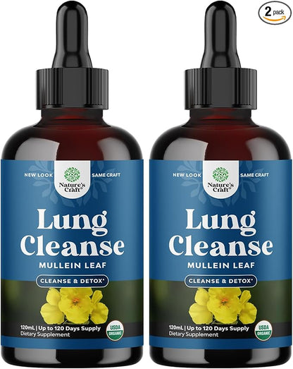 USDA Organic Mullein Drops for Lungs - Herbal Lung Detox & Cleanse with Marshmallow Root Extract & Plantain Leaf for Respiratory Lung Health - Mullein Leaf Tincture Drops Breathing Support - 2 Pack
