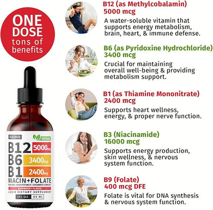 (2 Pack) Vitamin B12 and B6 Liquid Drops, B12 Sublingual Vitamin B Complex - B 12 Vitamin 5000mcg - B12 Methylcobalamin for Energy, Brain, and Heart Support with 27,200 mcg, Raspberry, 80 Servings