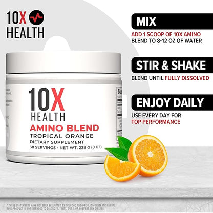 10X Health Amino Blend Pre Workout Powder for Men - Tropical Orange Flavor - EAA & BCAA Powder Amino Acids Supplement for Energy, Muscle Strength & Performance – Pre and Post Workout - 30 Servings