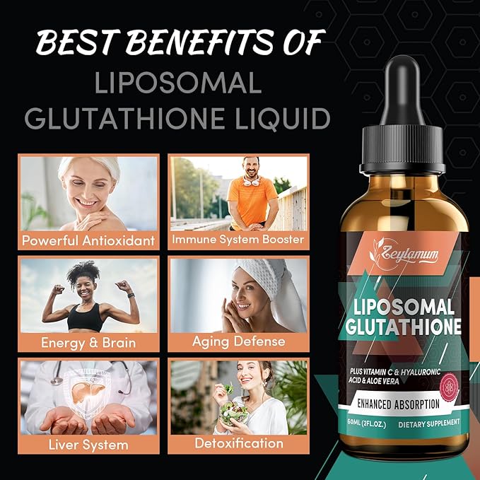 2000MG Liposomal Glutathione Liquid Drops, Ultra High Absorption, Natural Detoxification, Immune System & Skin Supprot*, L-Glutathione, Vitamin C & Hyaluronic Acid, Capsules Alternative, 12.12 OZ