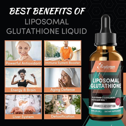 2000MG Liposomal Glutathione Liquid Drops, Ultra High Absorption, Natural Detoxification, Immune System & Skin Supprot*, L-Glutathione, Vitamin C & Hyaluronic Acid, Capsules Alternative, 12.12 OZ