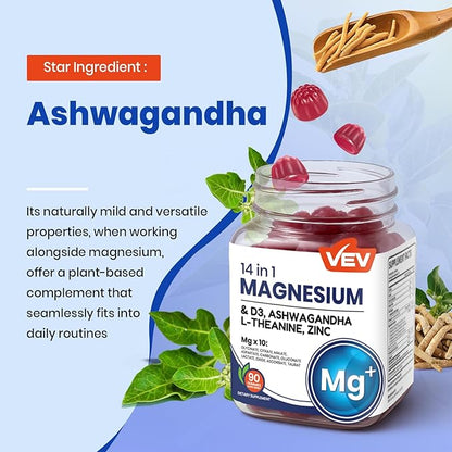 VEV Magnesium Complex DeepCalm 14-in-1 Gummies – with Ashwagandha, L-Theanine, D3 & Zinc – Cortisol Supplements for Women – 90 Sugar-Free Vegan Magnesium Glycinate Complex Gummies
