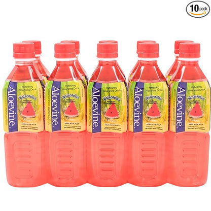 ALOEVINE Aloe Vera Juice drink Watermelon pure with chunks of aloe | 16.9 Oz 10 pack | plant based Vegetable Korean drinks