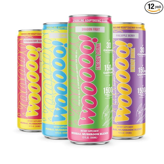 Wooooo! Energy Ric Flair Sparkling Adaptogenic Mushroom Energy Drink | Natural Antioxidants & Nootropics | Lion’s Mane & Cordyceps | 150mg Caffeine | 12 Pack (Variety Pack)