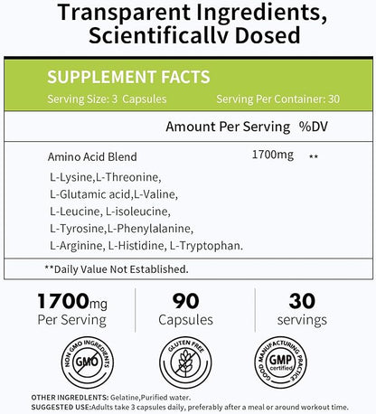 Amino Acid, Supports Muscle Recovery and Lean Muscle Growth, Enhances Energy and Endurance, Contains Essential Amino Acids and BCAAs, 180 Capsules (2 Bottles)