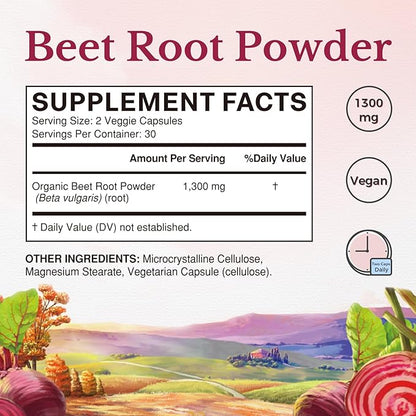 Vitalitown Beet Root Capsules 1300 mg with Organic Beet Root, Natural Nitric Oxide Booster, Superfood for Healthy Heart & Energy Levels, High Potency Supplement, 60 Vegan Capsules, Non-GMO