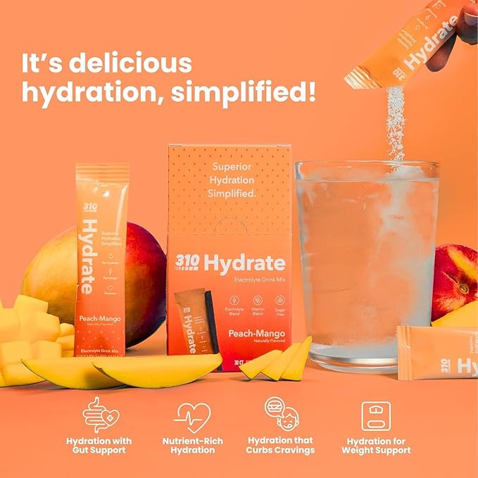 310 Hydrate Peach Mango Electrolytes Powder Packets - No Sugar Hydration Packets with Key Vitamins & Minerals - Keto Friendly - Tasty Sugar Free Electrolyte Drink - 30 Single Servings