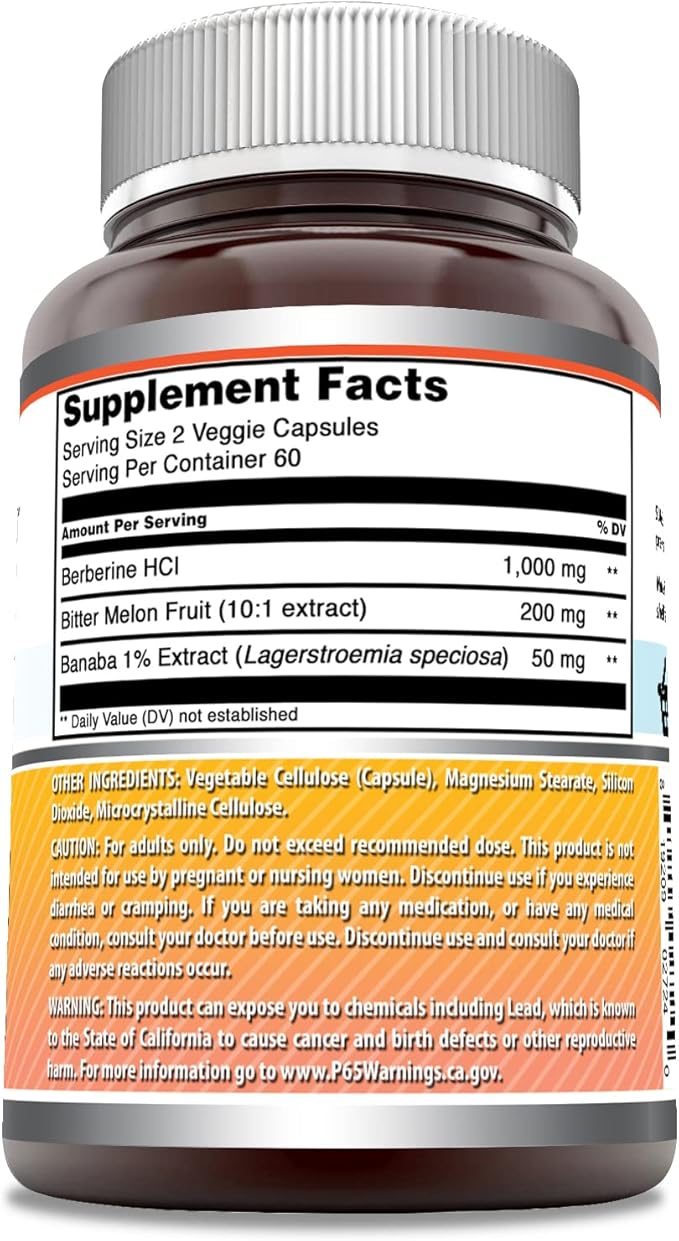 Amazing Formulas Berberine with Bitter Melon & Banaba Extract Complex | 1250 Mg per Serving |120 Veggie Capsules | Non-GMO | Gluten-Free | Made in USA