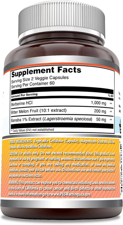 Amazing Formulas Berberine with Bitter Melon & Banaba Extract Complex | 1250 Mg per Serving |120 Veggie Capsules | Non-GMO | Gluten-Free | Made in USA