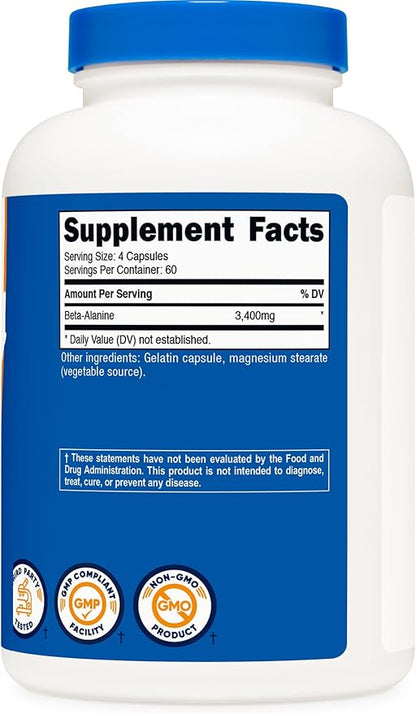 Nutricost Beta-Alanine Capsules 3400mg, 240 Caps (2 Pack) - Potent Beta Alanine, Gluten Free & Non-GMO, 850mg Per Cap, 60 Serv Per Bottle