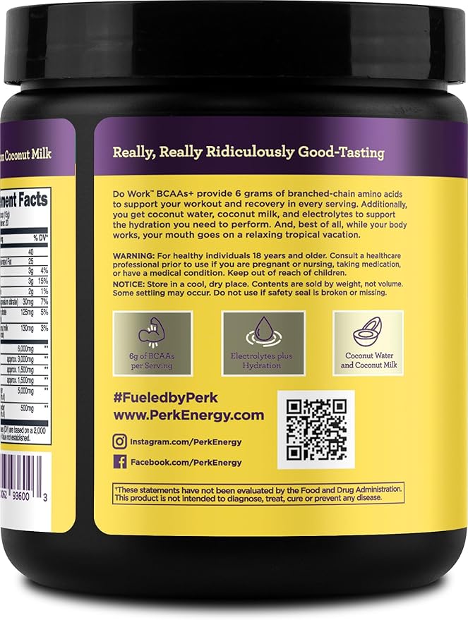 Perk BCAAs + Hydration Electrolytes Powder (Lemon Tart Flavored, 20 Servings) - with Coconut Water and Coconut Milk