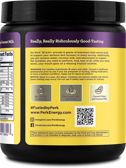 Perk BCAAs + Hydration Electrolytes Powder (Lemon Tart Flavored, 20 Servings) - with Coconut Water and Coconut Milk